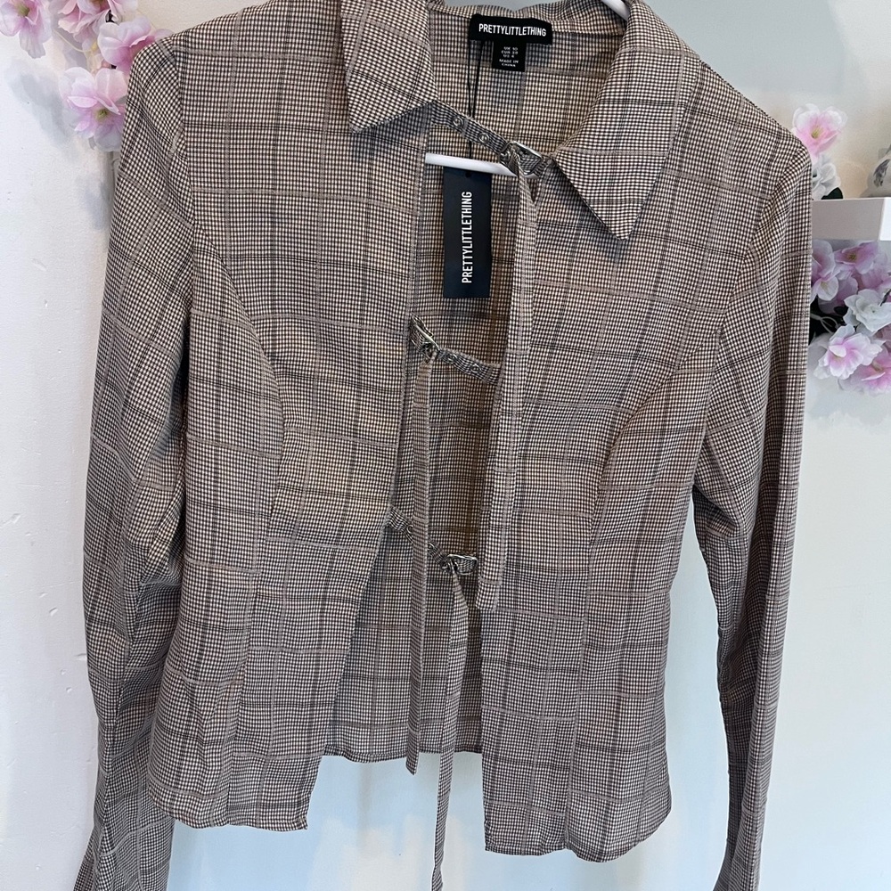 PrettyLittleThing Taupe Plaid Tailored Tie-Front Blazer